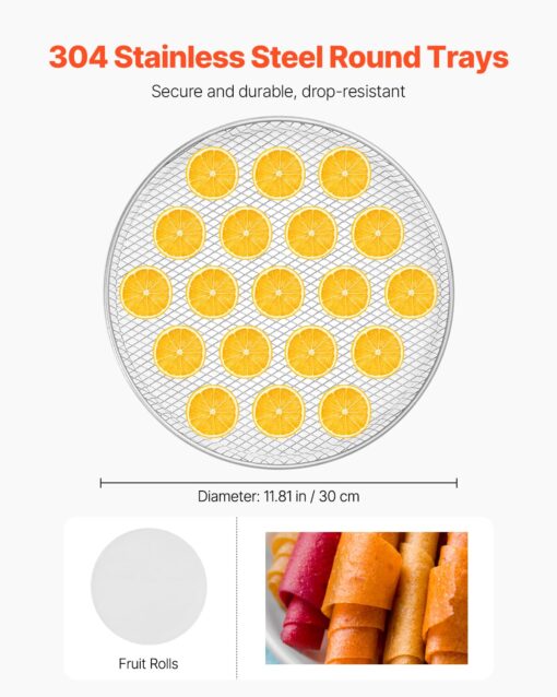 VEVOR Rotary Food Dehydrator Machine, 12 Stainless Steel Trays, 800W Electric Food Dryer with Adjustable Temperature & 24-Hour Timer, Freeze Dryer for Jerky, Meat, Fruit, Vegetables, Herbs, Dog Treats - Image 8
