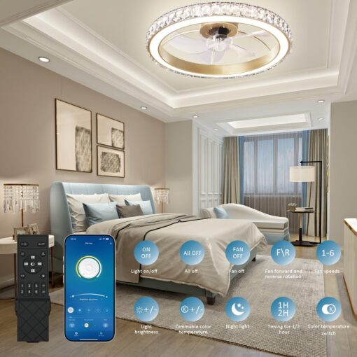 Aipsun Low Profile Modern Crystal Chandelier Ceiling Fans with Lights and Remote, 3000K-6500K Smart Bladeless LED Fan Light, 22" Gold Modern Ceiling Fans with Lights for Bedroom - Image 6
