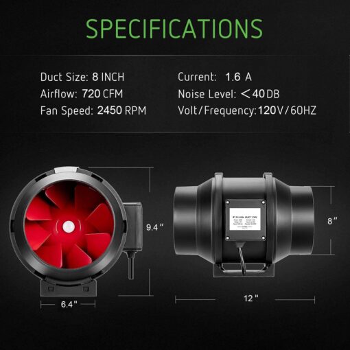 SunStream 8" Grow Tent Ventilation Kit, 720 CFM Inline Fan, Carbon Filter, 25ft Ducting Ventilation System for 4x4/5x5 Grow Tents Indoor Gardening, Hydroponics - Image 9