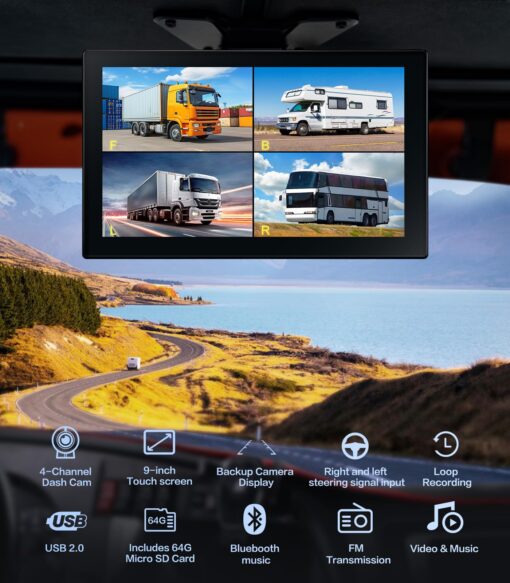 4 Channel 1080p Backup Camera Dash Cam for RV/Truck/Trailer/Van/SUV/Cars,10.2 Inch Touch Screen Quad Split Parking Monitor with DVR Recording/Playback/Bluetooth/FM Radio/Music/Video Player - Image 6