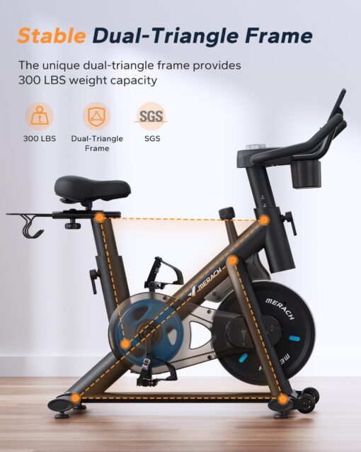 MERACH Exercise Bike, Brake Pad/Magnetic Stationary Bike with Exclusive App, Low Noise Indoor Cycling Bike with 270LBS Weight Capacity, Dumbbell Rack and Fitness Courses for Weight Loss - Image 6