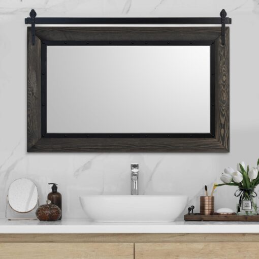 YOSHOOT Farmhouse Barn Door Mirror, 40"x26" Rustic Bathroom Mirror, Wood Frame Wall Mirror, Wooden Mirror for Living Room Bedroom Entryway Wall Décor, Horizontal Hanging ONLY