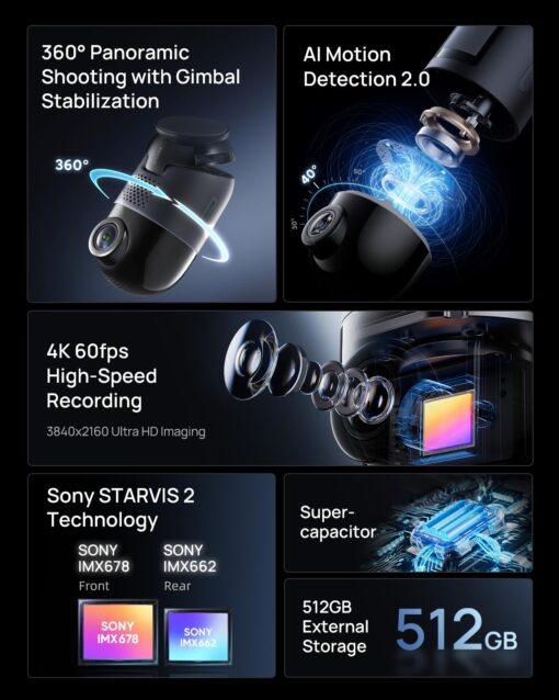 70mai Dual Dash Cam Front and Rear 4K, Car Camera for Cars with Sony IMX678, STARVIS 2 Night Vision, 4G LTE, AI Motion Detection, ADAS, 5GHz Wi-Fi 6, Parking Monitor, Voice Control (4K Omni X800) - Image 2