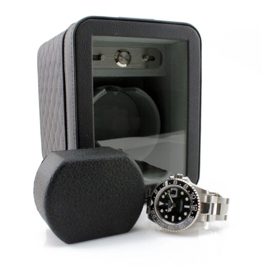 Heiden Monaco Single Watch Winder - Black Leather - Battery Powered or AC Adapter, 12 Program Settings, Diamond Stitched Vegan Leather, Soft Linen Interior, Large Interior Space for Large Watches - Image 8