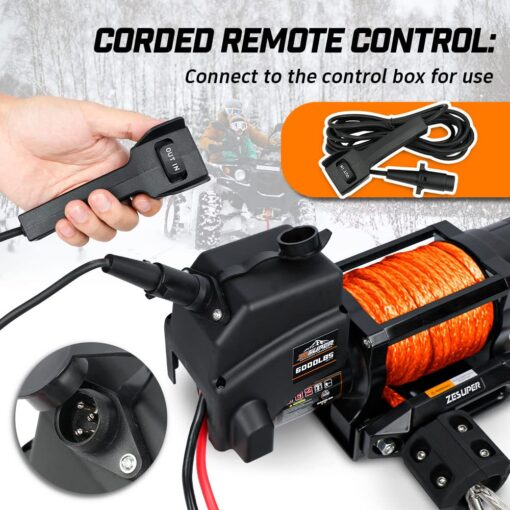 ZESUPER 6000lb Waterproof IP67 Electric Winch for UTV ATV Trailer, 12 Volt Winch with Synthetic Rope，Hawse Fairlead, Wireless Handheld Remote and Corded Control - Image 6