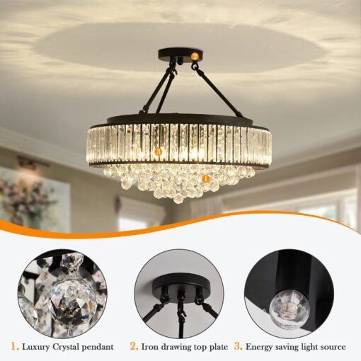 YYJLX 6-Light Modern Large Crystal Chandelier Black Metal E26 Semi Flush Mount Round Light Fixture Ceiling Lamp Farmhouse for Dining Living Room Laundry Foyer Kitchen Balcony Bedroom - Image 5