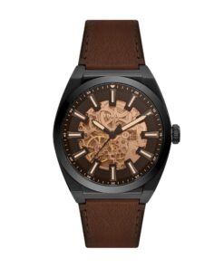 Fossil Men's Everett Automatic Stainless Steel and Leather Three-Hand Watch, Color: Black, Brown (Model: ME3207)