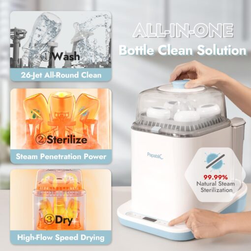 Papablic Bottle Washer Pro, Baby Bottle Washer & Sterilizer & Dryer, 4-in-1 Bottle Washer Sanitizer for Bottles, Pump Parts, & Baby Essentials - Quick & Clean with 60 Detergent Tablets - Image 6