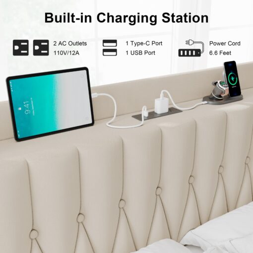 Feonase Velvet King Size Bed Frame with Fast Charging Station,Metal Platform King Beds with Upholstered Headboard & Footboard,12" Underbed Storage Space,Easy Assembly,Noise-Free,Beige - Image 5