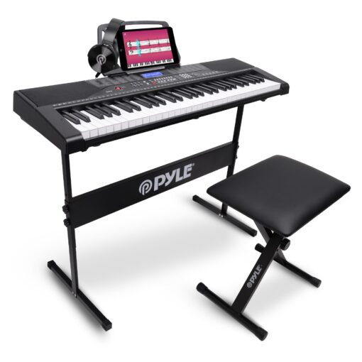 PYLE 61 Key Electric Keyboard Piano, Music Keyboard, LCD Display, Portable Design, Karaoke Function, Includes Headphones, Stand, Stool, Book Rack, Perfect for Beginners