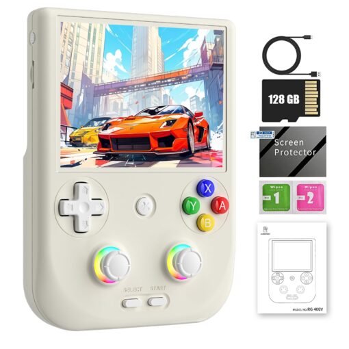 RG406V Handheld Game Console Preloaded Games RG 406V 4-inch IPS Multi-touch Screen Retro Game Console 128G UFS2.2 Android 13 Retro Emulator RG406V 5500mAh Battery 1080p DP WIFI Bluetooth Beige White