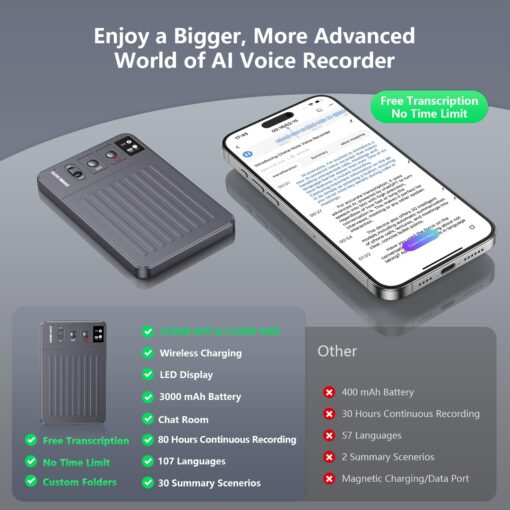AI Voice Recorder, Audio Recorder, No Fee Transcribe & Summarize with AI Technology, WEB｜APP Control｜Custom Summary｜117 Languages｜Wireless Charging, Voice Activated Recorder for Lectures/Meetings-Grey - Image 7