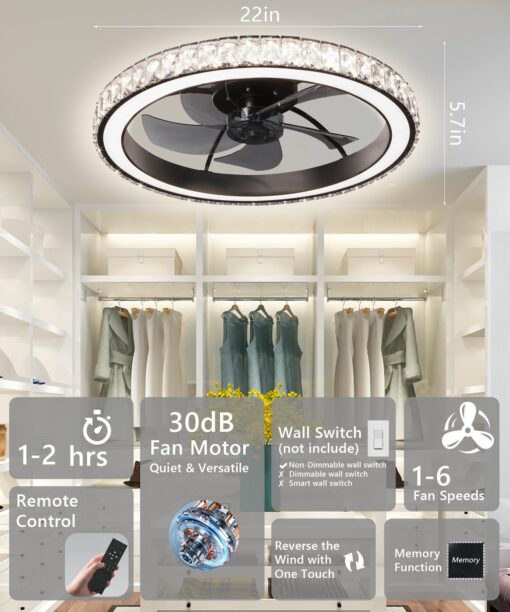 Aipsun Low Profile Modern Crystal Chandelier Ceiling Fans with Lights and Remote, 3000K-6500K Smart Bladeless LED Fan Light, 22" Black Modern Ceiling Fans with Lights for Bedroom - Image 2