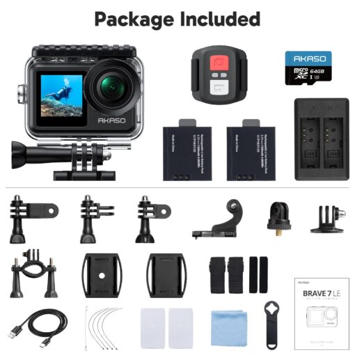 AKASO Brave 7 LE 4K30fps Action Camera with 64GB MicroSDXC U3 Memory Card Accessories Kit Bundle Ultra HD 131FT Waterproof Camera EIS 2.0 WiFi Remote Control Zoom Underwater Camera - Image 2