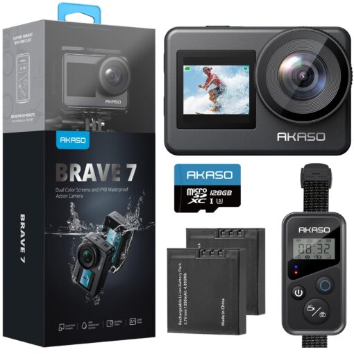 AKASO Brave 7 Action Camera 4K30FPS 20MP with 128GB U3 MicroSDXC Memory Card, Waterproof Camera with Touch Screen IPX8 33FT EIS 2.0 Zoom Support External Mic Voice Control with 2X 1350mAh Batteries