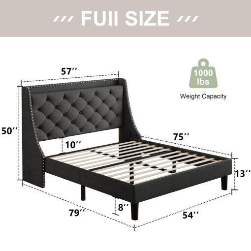 Feonase Full Size Bed Frame with Luxury Wingback and Fast Charging Station,Full Upholstered Button Tufted Storage Headboard Platform Bed,Sturdy Wooden Slats Support,Noise-Free, Easy Assembly,Dark Gray - Image 7