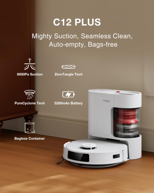 Yeedi C12 Plus Robot Vacuum and Mop, 8000Pa Strong Suction, 7-Week Dust Storage, Bagless Dust Bin, PureCyclone Tech, ZeroTangle Brush, White - Image 8