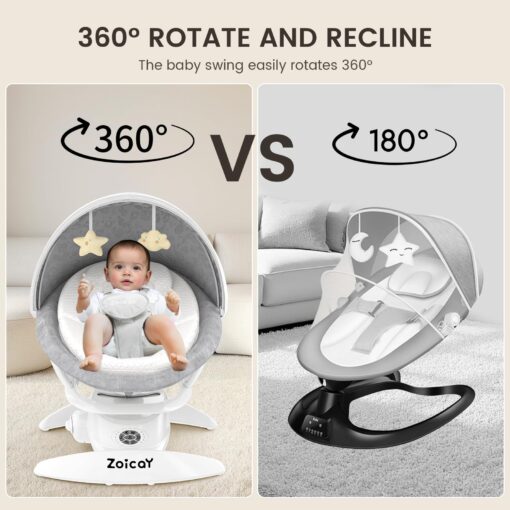 Zoicay 3-in-1 Baby Swing for Infants to Toddler with Motion Detection, Portable Baby Swing & Removable Swing Seat, BT Enabled & 360°Rotating Seat and Manual Remote with 3 Swing Modes & 5-Speeds(White) - Image 6