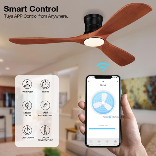 52' Smart Wood Low Profile Ceiling Fan with Lights Remote, Quiet DC Motor, Outdoor Indoor Flush Mount, Voice Control via WIFI Alexa App, Modern Dimmable Lighting for Bedroom Patio - Image 3