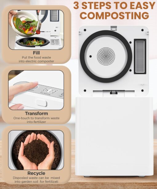 3L Electric Composter for Kitchen, Smart Compost Bin for Countertop, Odorless/Auto-Clean/LED Display, Turn Food Waste into Fertilizer in 4/6 hrs - Image 2