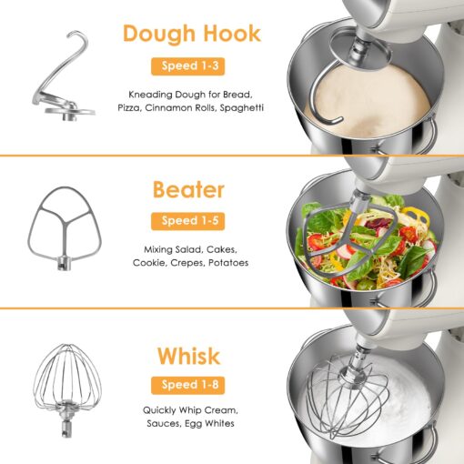 ZACME Mixers Kitchen Electric Stand Mixer 5.5QT 600W, Aluminum die casting and Gears, Dual Cooling System, Low Noise, DC Motor, LED Display and Timing Function, Tilt-head Metal Food Mixer, White - Image 5