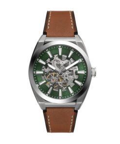 Fossil Men's Everett Automatic Silver Stainless Steel and Brown Leather Band Watch (Model: ME3261)