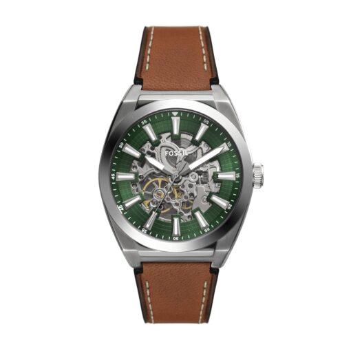 Fossil Men's Everett Automatic Silver Stainless Steel and Brown Leather Band Watch (Model: ME3261)
