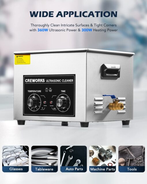 CREWORKS 15L Ultrasonic Cleaner with Knob, Total 760W Professional Industrial Auto Cleaning Machine for Carburetor Repairing Tools Parts Instrument, 40kHz Digital Sonic Cavitation Cleaner with Heater - Image 6