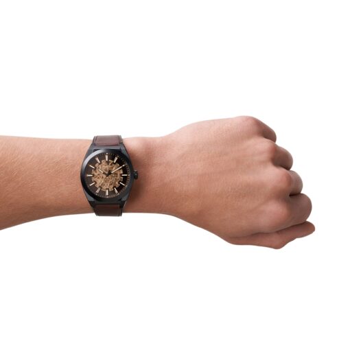Fossil Men's Everett Automatic Stainless Steel and Leather Three-Hand Watch, Color: Black, Brown (Model: ME3207) - Image 4
