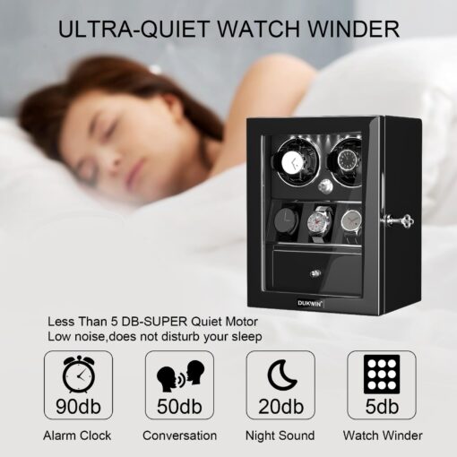 DUKWIN Watch Winder for 2 Automatic Watches,Lockable Watch Winders with Watch and Jewelry Storages, Super Quiet Mabuchi Motor with High-Gloss Piano Lacquer Finish,Built-in Illumination Black - Image 5