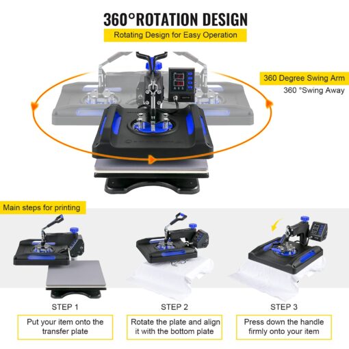 VEVOR 8 in 1 Heat Press Machine 15x15 Inch, 360° Swing Away Shirt Press Machine - Digital Professional Heat Transfer Tshirt Press Machine, Sublimation Heat Press for T Shirts Hat Cap Mug Plate Blue - Image 4