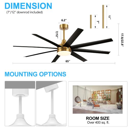 65 Inch Ceiling Fan with Light and Remote, 8-Blade, Reversible DC Motor, 6-Speed, Timer, Industrial Ceiling Fans with Led Light Chandelier for Bedroom Office (Gold & Black) - Image 4