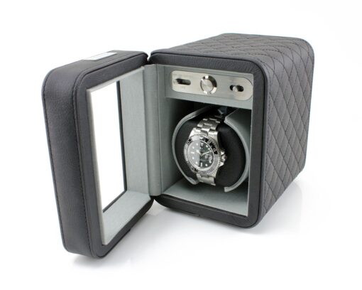 Heiden Monaco Single Watch Winder - Black Leather - Battery Powered or AC Adapter, 12 Program Settings, Diamond Stitched Vegan Leather, Soft Linen Interior, Large Interior Space for Large Watches - Image 7