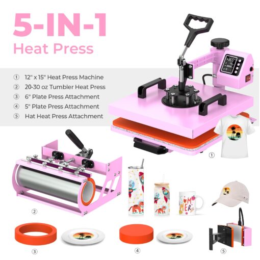 12x15 Heat Press with 30 OZ Tumbler Attachment, 5 in 1 Heat Press Machine for T Shirts, Tumblers Glass Cans Mugs Hats and Plates - Image 5