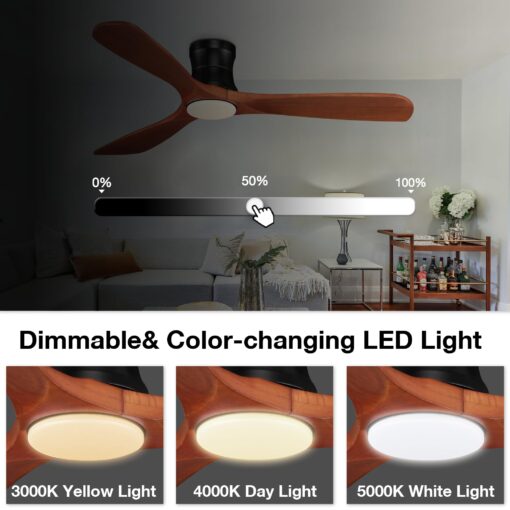 52' Smart Wood Low Profile Ceiling Fan with Lights Remote, Quiet DC Motor, Outdoor Indoor Flush Mount, Voice Control via WIFI Alexa App, Modern Dimmable Lighting for Bedroom Patio - Image 6