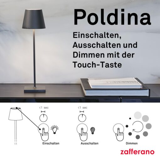 Zafferano, Poldina Pro Rechargeable and Wireless Table Lamp with Touch Control, Can Also Be Used as Outdoor Light, Dimmer 2200-3000K, Height 38cm, Corten Colour - Image 4