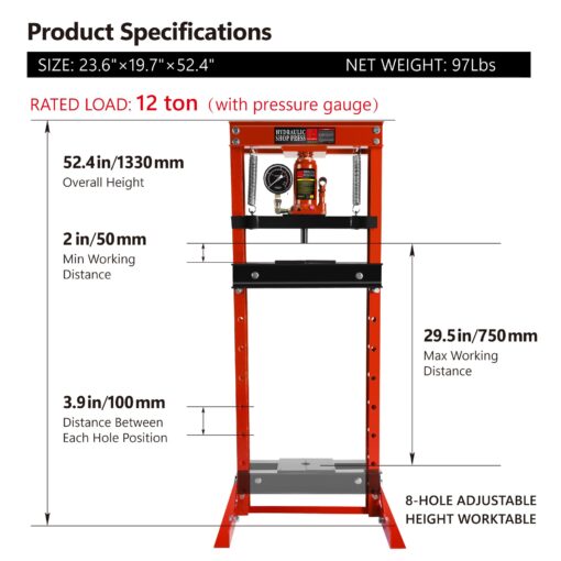 12 Ton Hydraulic Shop Floor Press with Pressure Gauge, Steel H-Frame Shop Press with Press Plates Adjustable Working Table, Floor Stand Jack for Gears and Bearings One Size - Image 8