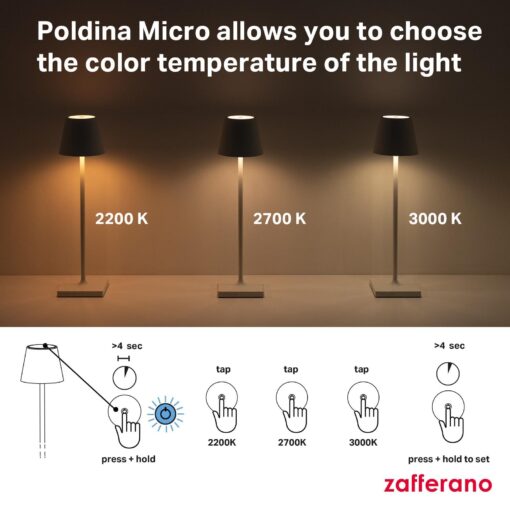 Zafferano, Poldina Micro Lamp with Glossy Gold Finish, Rechargeable Cordless Table Lamp with Touch Controls, Usable as an Indoor Lamp, Dimmer, 2200-3000 K, Height 10.8 Inches - Image 4