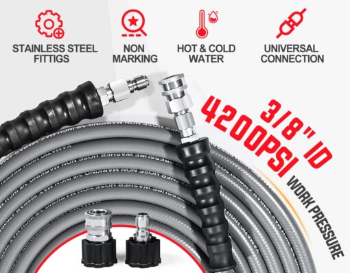 YAMATIC 3/8" Pressure Washer Hose 125FT with Stainless Steel Swivel 3/8" Quick Connect, 4200 PSI Non Marking Rubber Wear Resistant Steel Braided Industry Grade for Hot/Cold Water Gas Power Washer - Image 7