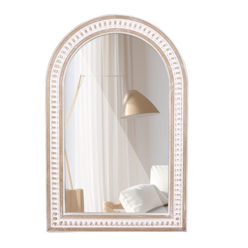 36x24 Boho Wooden Arched Wall Mirror with Beaded, Rustic Farmhouse Decorative Arch Mirrors for Bathroom Vanity, Living Room, Entryway, or Foyer