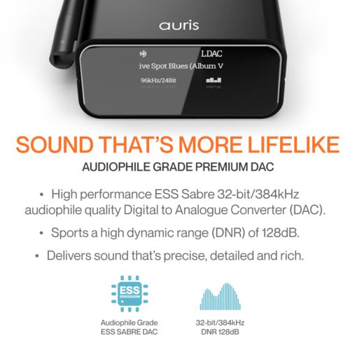 Auris Blume Pro HiFi Bluetooth 5.3 Music Receiver Long Range Bluetooth Adapter with Audiophile DAC, LDAC, aptX HD, OLED Display & Optical Coaxial AUX Output for Home Stereo, AV Receiver or Amplifier - Image 5