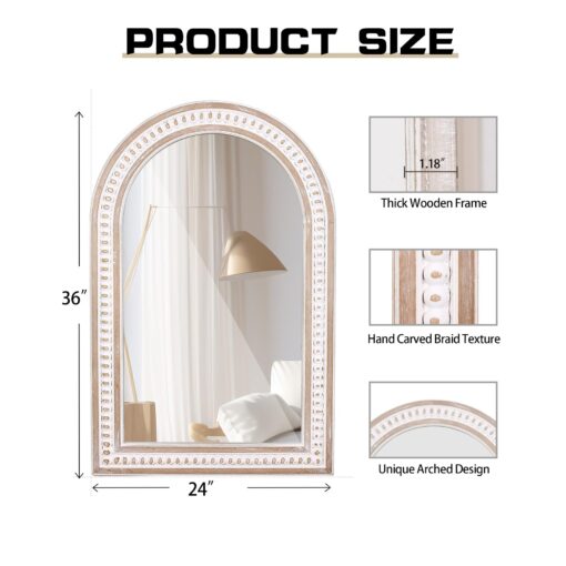 36x24 Boho Wooden Arched Wall Mirror with Beaded, Rustic Farmhouse Decorative Arch Mirrors for Bathroom Vanity, Living Room, Entryway, or Foyer - Image 3