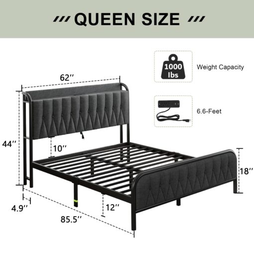 Feonase Linen Queen Bed Frame with Fast Charging Station,Queen Metal Platform Beds with Upholstered Headboard & Footboard,12" Underbed Storage Space,Easy Assembly,Noise-Free,Black Gray - Image 7