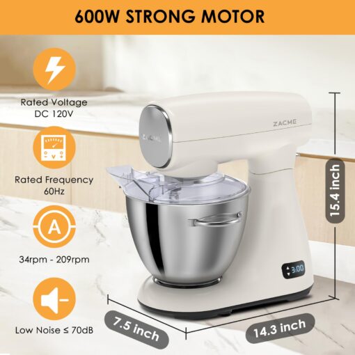 ZACME Mixers Kitchen Electric Stand Mixer 5.5QT 600W, Aluminum die casting and Gears, Dual Cooling System, Low Noise, DC Motor, LED Display and Timing Function, Tilt-head Metal Food Mixer, White - Image 3