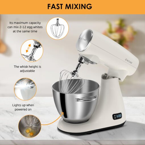 ZACME Mixers Kitchen Electric Stand Mixer 5.5QT 600W, Aluminum die casting and Gears, Dual Cooling System, Low Noise, DC Motor, LED Display and Timing Function, Tilt-head Metal Food Mixer, White - Image 4