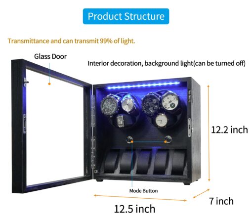 Oryx 6 Watch Winder for Automatic Watches, Rotating Watch Box 5 Rotation Modes Setting Display Case with Extra Watch Storages and LED Light, Lockable Winders USB Powered Super Quiet Mabuchi Motor - Image 3