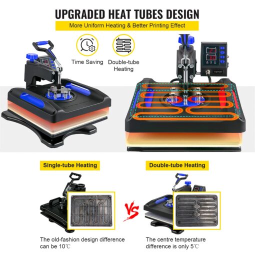 VEVOR 8 in 1 Heat Press Machine 15x15 Inch, 360° Swing Away Shirt Press Machine - Digital Professional Heat Transfer Tshirt Press Machine, Sublimation Heat Press for T Shirts Hat Cap Mug Plate Blue - Image 5