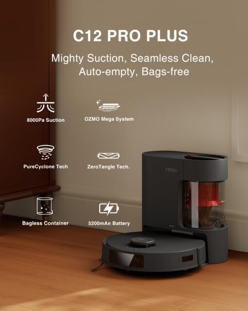 Yeedi C12 PRO Plus Robot Vacuum and Mop, 8000Pa Strong Suction, Vibrating Mopping, 7-Week Dust Storage, Bagless Dust Container, ZeroTangle Brush, Black - Image 8