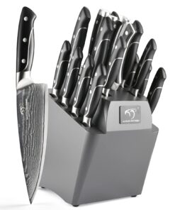 18 Pieces Damascus Kitchen Knife Set, 8 Piece Steak Knives, Non-slip ABS Ergonomic Triple Rivet Handle for Meat Fork, Knife Sharpener and Shears, 17 Slots Fraxinus Manchuria Knife Block (Grey)