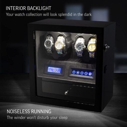4 Watch Winder with 5 Watch Storage Space, LCD Display, Touch Control and Interior Light (Black + Black Velvet) - Image 6